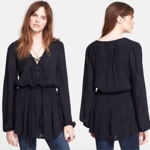 Free People Black Tunic Mini Dress Lace Up Front Tassels- Size SP EUC